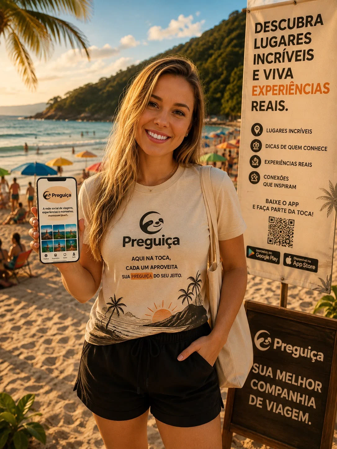Conceito de apresentação do aplicativo na praia, com a equipe Preguiça