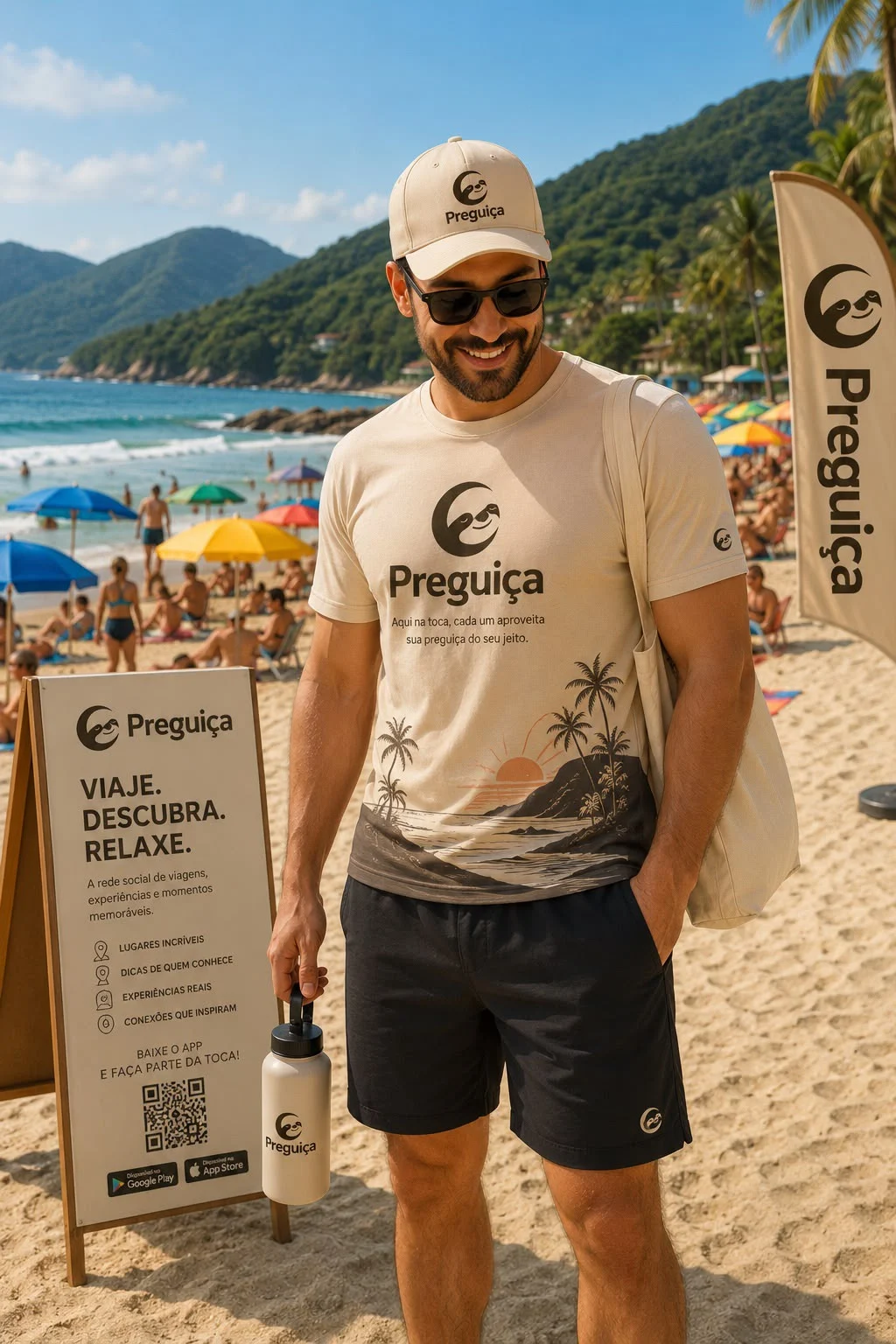 Conceito do uniforme bege da equipe, com estampa de praia, coqueiros e pôr do sol