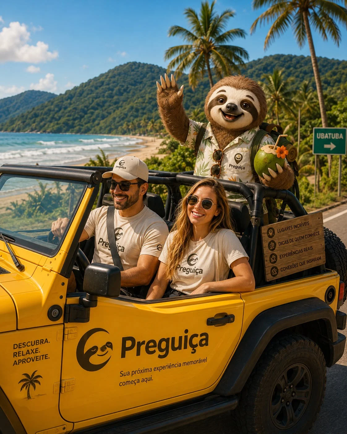 Conceito de ativação com equipe e mascote Preguiça em um jipe amarelo à beira-mar