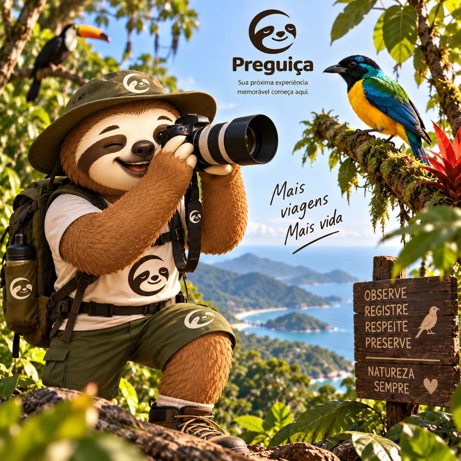 Preguiça fotografando aves na natureza