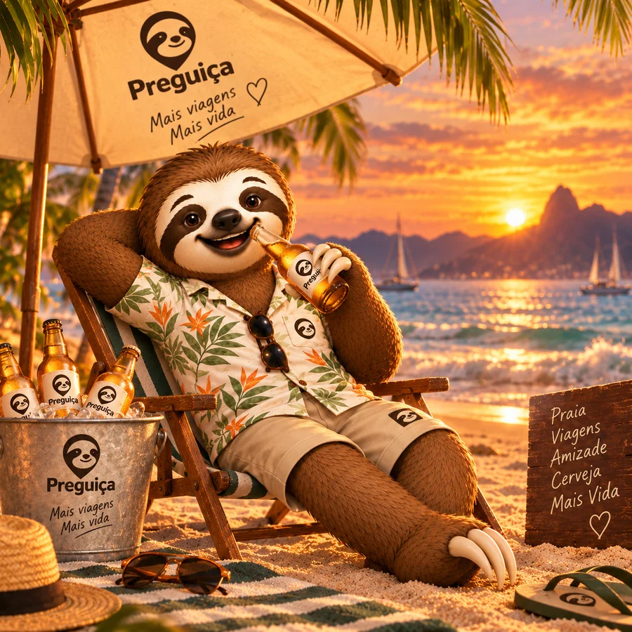 Preguiça relaxando na praia ao pôr do sol