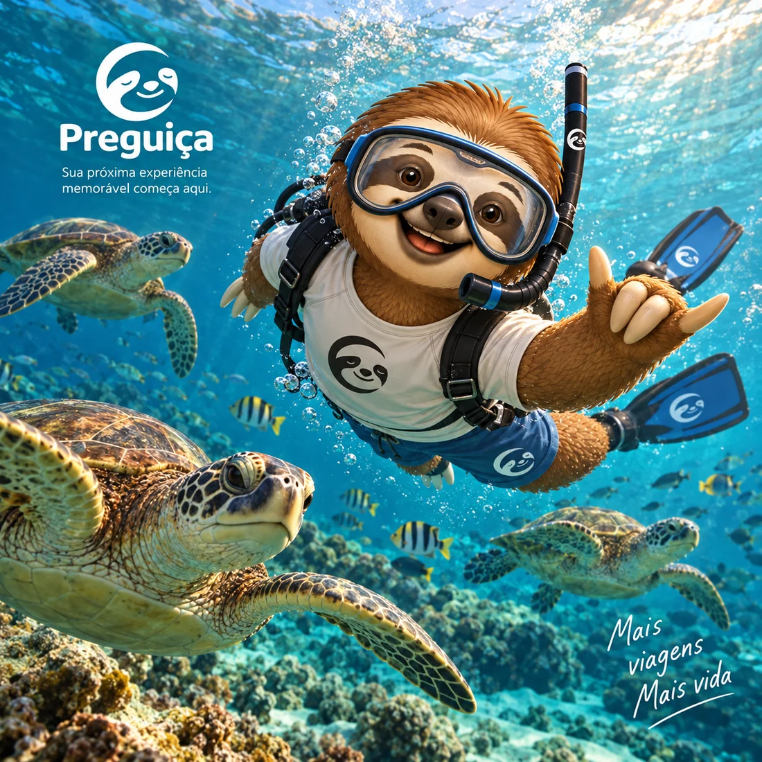Preguiça mergulhando perto de tartarugas