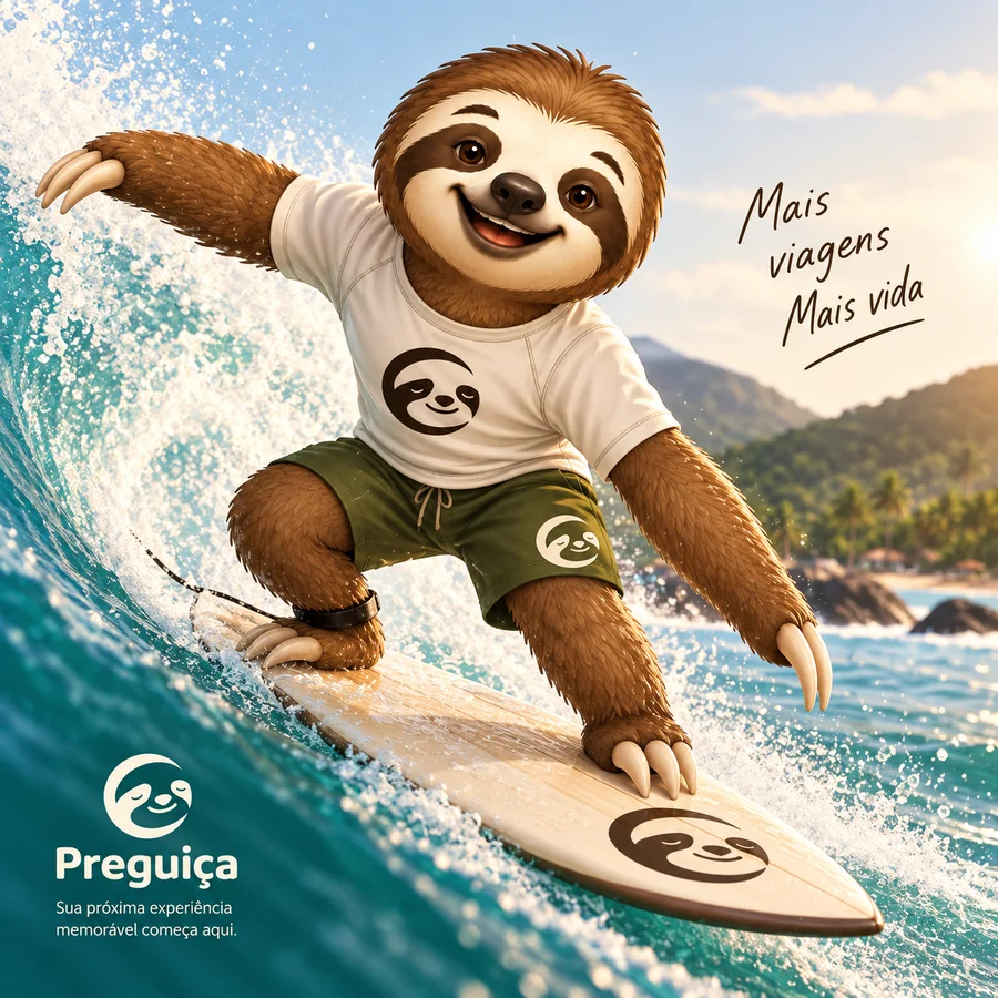 Preguiça surfando uma onda