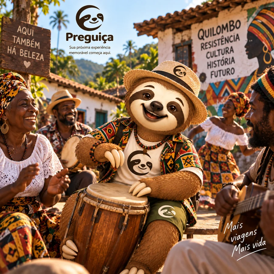 Ilustração do Preguiça tocando tambor em um encontro quilombola