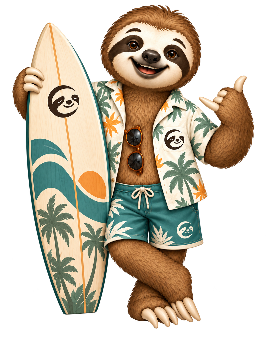 Mascote Preguiça sorrindo, de camisa tropical, com uma prancha de surfe