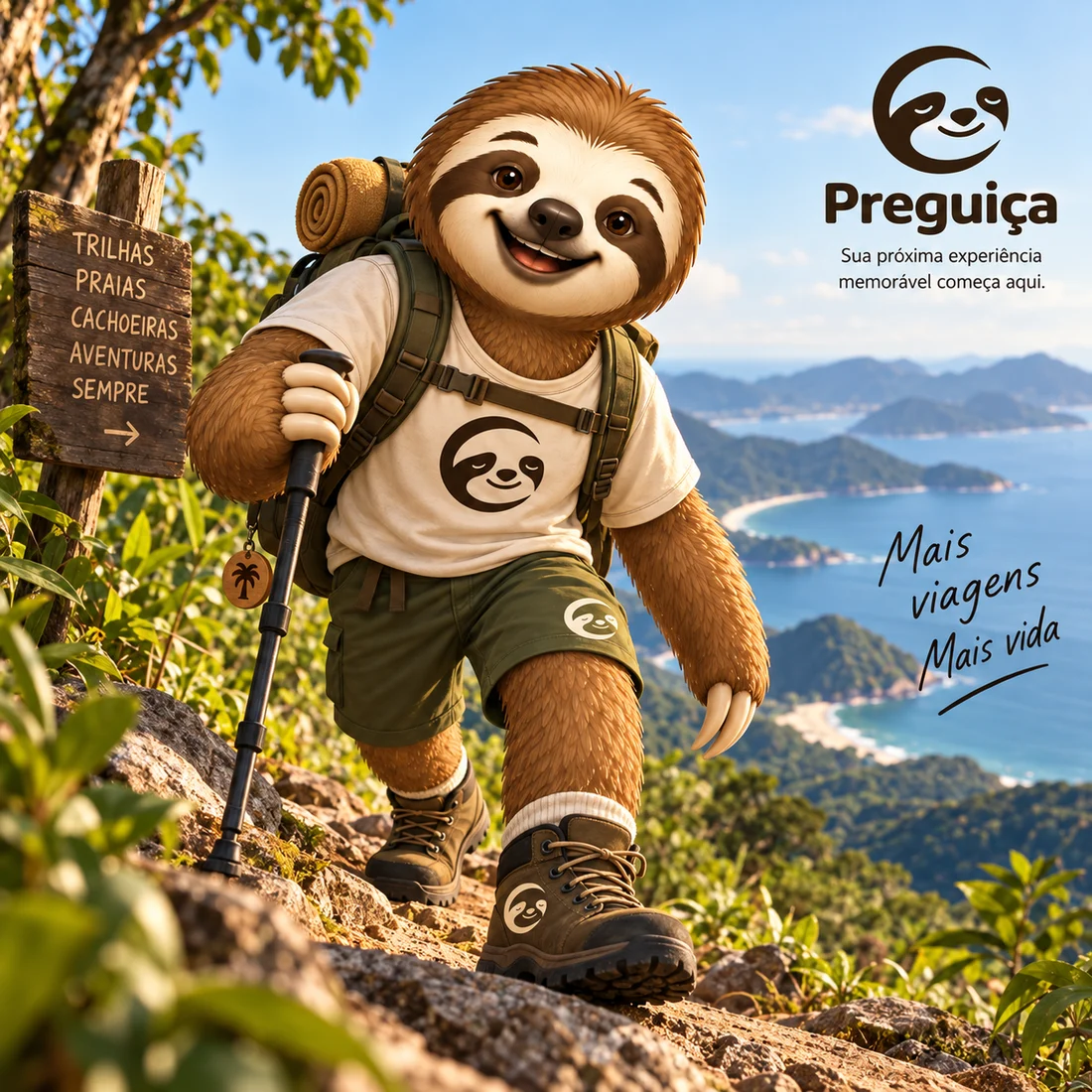 Preguiça explorando uma trilha com vista para o mar