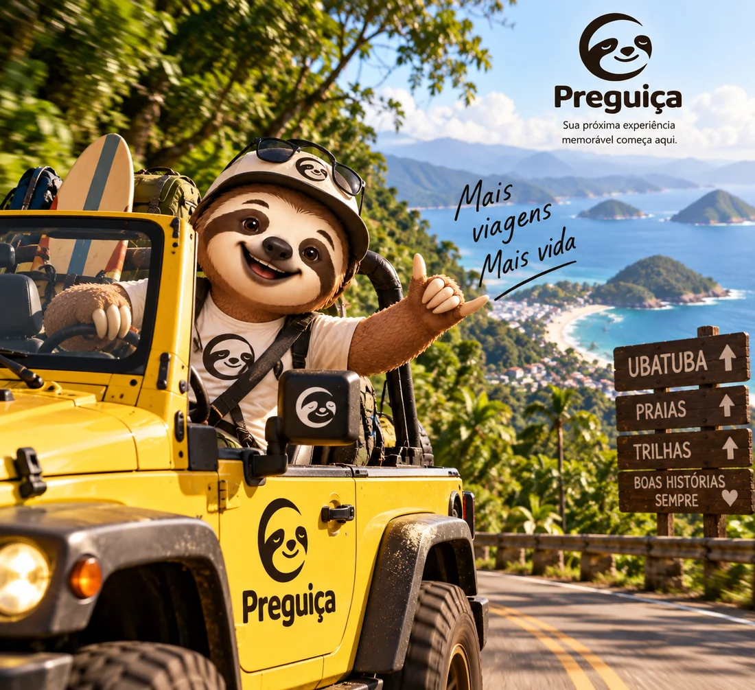 Preguiça em um jipe amarelo, pronto para viajar