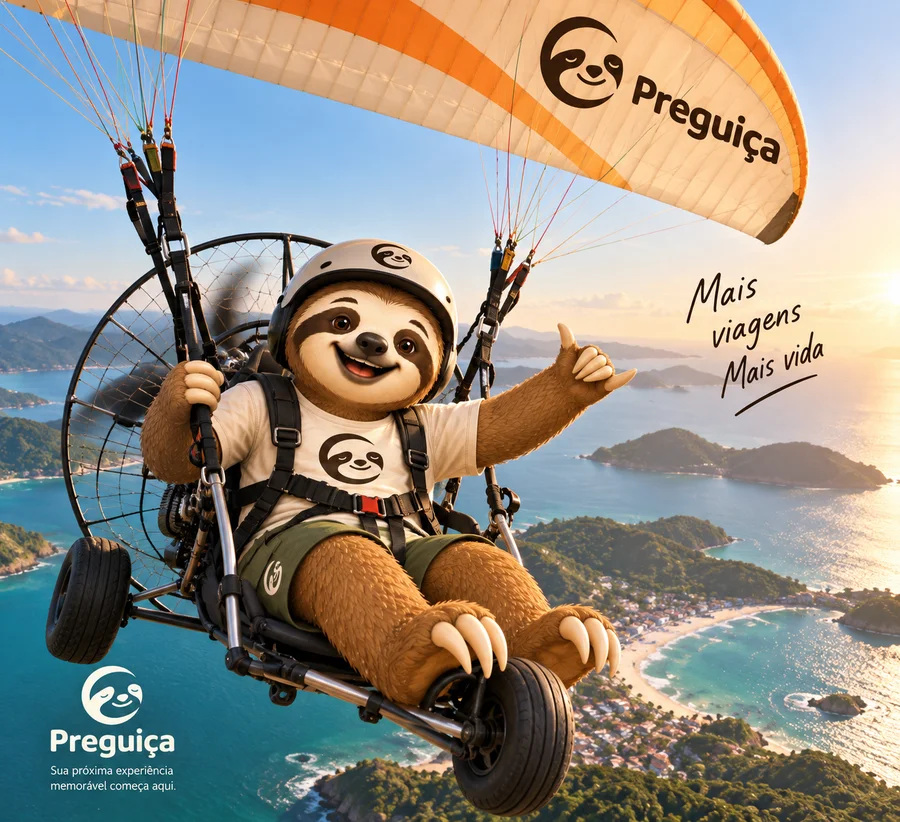 Preguiça sobrevoando o litoral em um paramotor